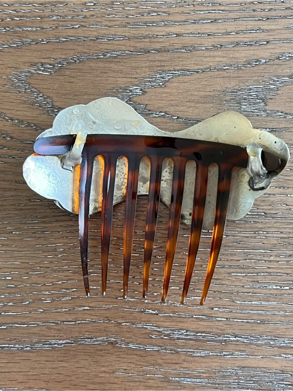 Decorative Silver Tone Metal Hair Comb with Amber Teeth Made in Italy